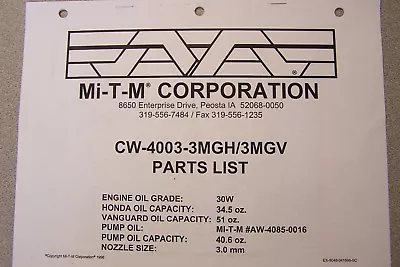 Mi-T-M PARTS LIST FOR CW-4003-3MGH/3MGV • $8