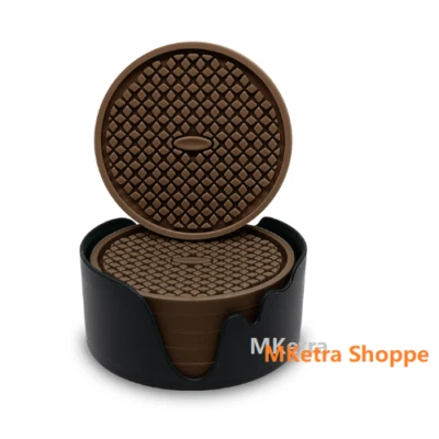 $11.58 • Buy Set Of 6 Silicone Drink Coasters Non-Slip Cup Brown Pad With Holder