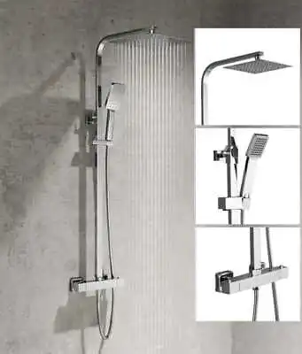 £67 • Buy Thermostatic Mixer Shower Set Square Bathroom Shower Bar Twin Head Exposed Valve