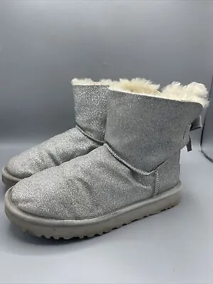 UGG Women Mini Bailey Bow Sparkle BOOTS Size 9 Silver Glitter 1100053 Christmas • $54.95