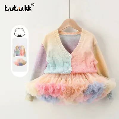 Baby Girls Rainbow Knitted Cardigan Tutu Skirt Super Fluffy Ballet Dance Party • £5.27