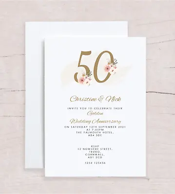 £4.75 • Buy 10x Personalised Golden 50th Wedding Anniversary Invitations FLORAL