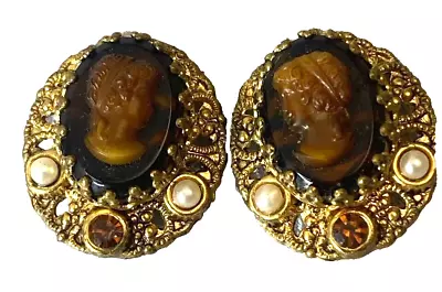 Vintage West Germany Cameo With Faux Pearl Clip On Earrings W/ Rhinestones. 1950 • $38.99