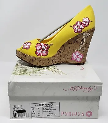 NEW Women's Ed Hardy Coralie Wedge Heels Yellow Flower Print 11SCO104W *NOS* • $100.09