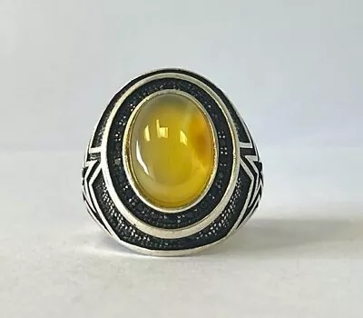 Men's Yellow Ring Turkish Natural Agate Antique Sterling Silver Gift 925 Size 9 • $175