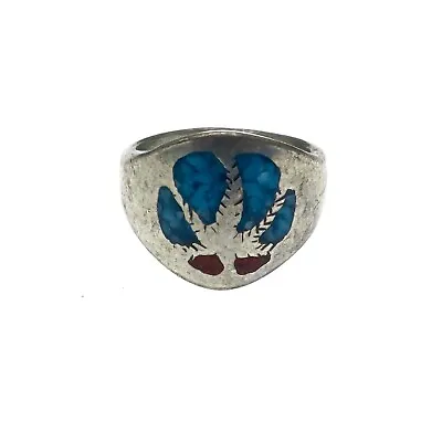 Vintage Mexico Sterling Silver Turquoise Red Coral Mens Ring Unpolished Sz 8.25 • $97.50