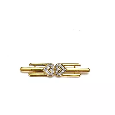 Vintage Monet Goldtone Double Heart Rhinestone Bar Pin Brooch • $8.99