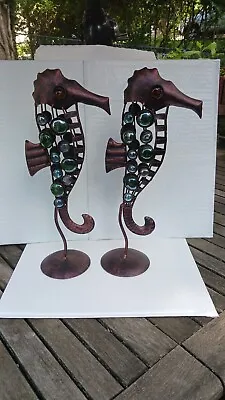 Nautical Seahorse Sculpture Set Figure Decorative Metal With Glass Decor. • £53.01