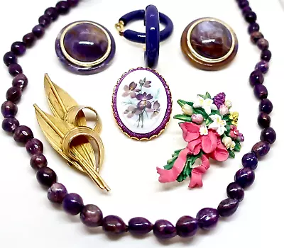 Vintage Purple Jewelry Lot: Nut Seed Necklace Flower Pins Brooch Clip Earrings • $3.50