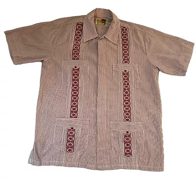Vintage Guayabera By Haband Button Up Red Shirt MED Four Pocket Front Embroidery • $14.99