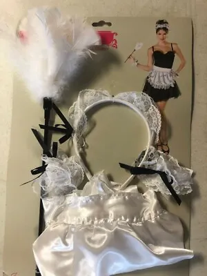 5pc French Maid Halloween Costume Kit Tiara Headpiece Apron Cuffs Feather Duster • $10