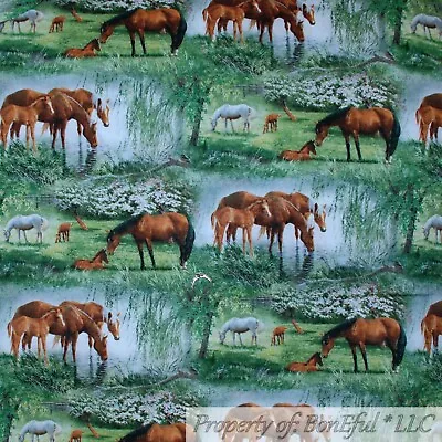 BonEful Fabric FQ Cotton Quilt Green Grass Tree Scenic Blue Water Horse Animal L • $4.38