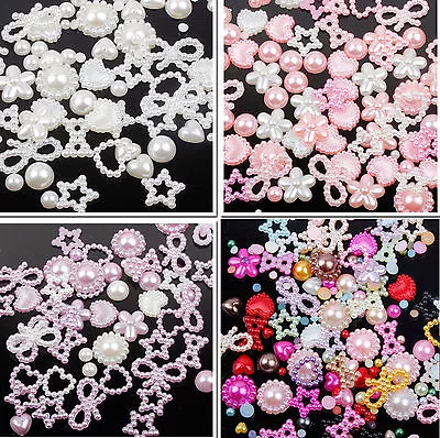 £2.49 • Buy 50 Mixed Cabochons Bow Heart Stars Flat Back Pearls Cute Kawaii Face Gems Beads