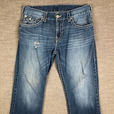 True Religion Jeans Mens 36 Blue Straight Medium Wash Distressed Flap Pockets • $34.99