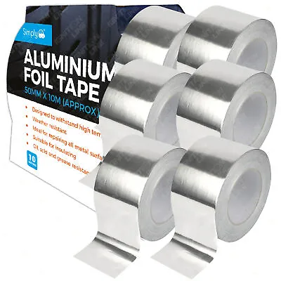 6x ALUMINIUM FOIL TAPE Self Adhesive Silver Repair All Metal Surfaces 50MM X 10M • £17.19