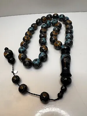 Mesbah Black Coral Yusuri W Turquoise & Kahraman مسباح يسر بالفيروز والكهرمان • $250