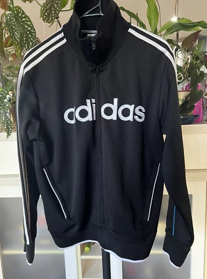 $28 • Buy ADIDAS Black 3 White Stripes 1 Blue Stripe Zip Front Track Tricot Jacket Size S