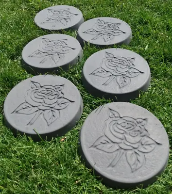 6 X Charcoal Round Concrete Garden Stepping Stones 23cm / 9Inch | Rose • £64.96