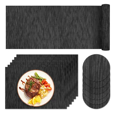 Black Table Mat Set Anti Slip Table Runner 6 Placemats & 6 Coasters Washable UK • £13.99