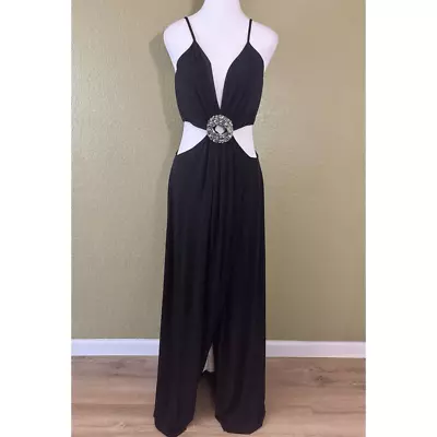 Ramy Brook Women's 8 Rivana Cutout Maxi Dress Black Beaded Buckle High Slit Sexy • $135