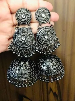Indian Afghani Designer Silver Oxidised Fashionable Jhumka Earrings • $28.26