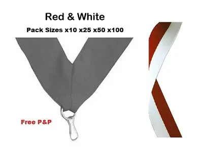 RED & WHITE MEDAL RIBBONS LANYARDS WITH CLIP 22mm WOVEN PACKS OF 10/25/50/100 • £1.99