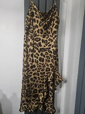 BNWT Misguided Leopard Print Cami Ruffle Side Midi Dress  Size 16 • £11