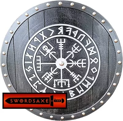 Viking Runes Helm Of Awe Aegishjalmur Norse Carved Wooden Round Shield Silver • $99.99