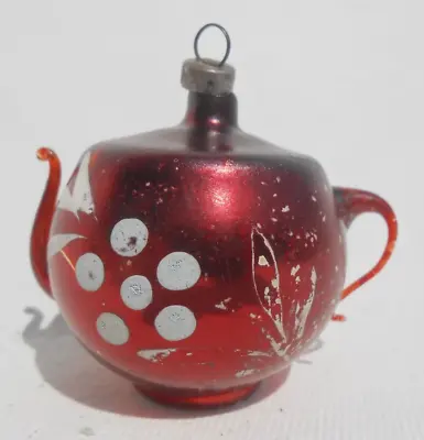 Vintage West Germany Mercury Glass Berry Teapot Hand Painted Christmas Ornament • $35