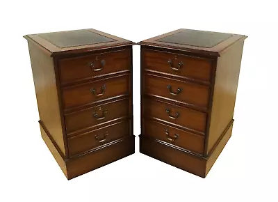 Lovely Pair Of Brown Mahogany Filing Cabinets With Green Gold Leaf Leather Top  • $1182.32