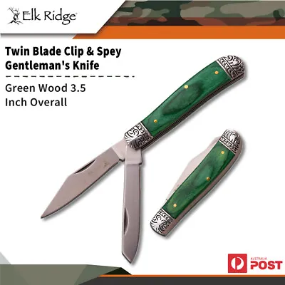 Elk Ridge Green Wood 3.5 Inch Twin Blade Clip W Spey Gentleman's Knife #er-220gw • $38