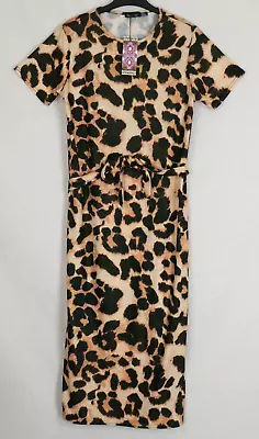 BOOHOO Womens Brown Leopard Print Belted Midi T-Shirt Dress Size 8 TALL NEW • £8