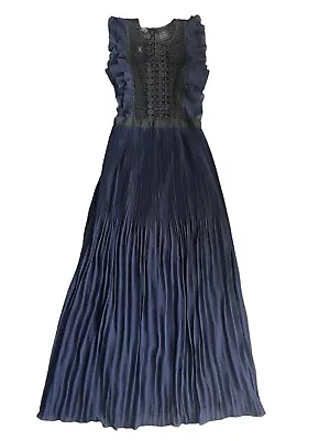 Apart Luxurious Navy Evening Fit Flare Grosgrain Ribbon Sheer Cutout Dress UK 12 • £85