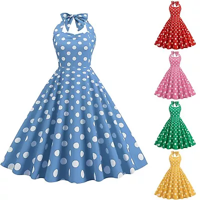 Women 50s 60s Vintage Polka Dot Rockabilly Swing Dress Evening Party Midi Dress • £15.65