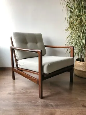 Beige Linen Century Vintage Danish Style Armchair 1960s-70s • £650