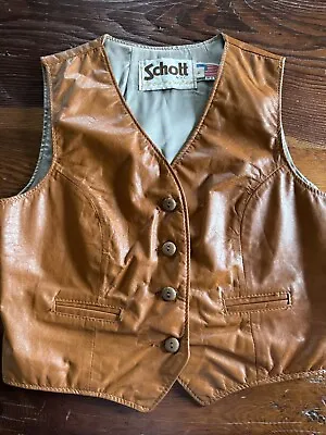 Vintage SCHOTT Sportswear Tan Brown Leather 4 Button Motorcycle Vest Size 14 • $10.50