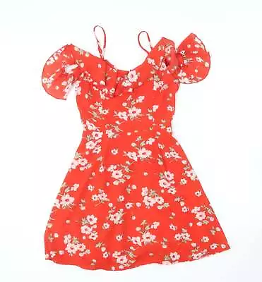 Quiz Womens Red Floral Polyester Skater Dress Size 6 Sweetheart • £5.25