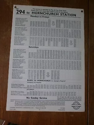 London Transport Bus Stop Timetable Panel-Route 294 1972 • £1.50