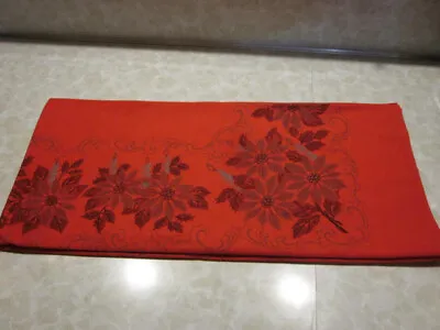 Vintage Christmas Holiday Red Poinsettia Silver Candle Cotton Tablecloth 52 X 94 • $12