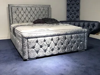 New Double Crushed Velvet Fabric Chesterfield Sleigh Bed Frame Ottoman Mattress • £369.99