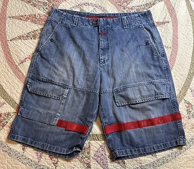 Marithe Francois Girbaud Jean Tape Shorts Size 38 Y2K Red Stripe Detail • $34.97