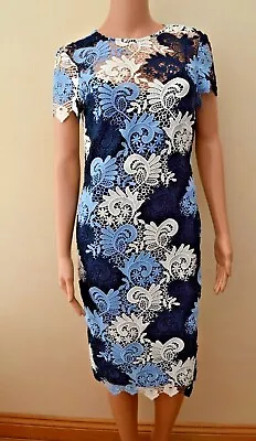 New M&S Collection Blue Lace Floral Swirl Bodycon Dress Sz UK 8 • £12