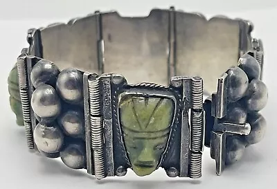 Vintage Bracelet Mexico Silver Heavy Carved Face Mayan Aztec Stone Monogram JDS • $249.95