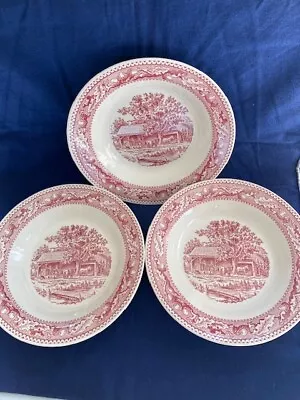 Vintage Royal (USA) Ironstone Memory Lane 3 Imperfect Soup/Pasta Bowls Pink Red • $19.97