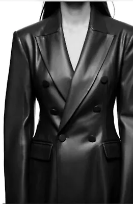 Zara Black Faux Leather Double Breasted Button Jacket Blazer Size S • $49