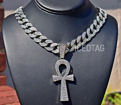Mens Hip Hop Jumbo Iced Ankh Pendant Miami Blinged Out Cuban Necklace Combo Set • $27.98