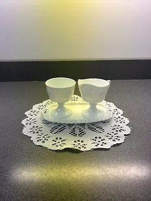 White Milk Glass Cream Sugar Underplate SET Grapes Leaves Vintage Opaque Footed • $10