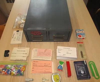 Vintage Metal 2 Drawer Card Catalog With Original Contents!  #S • $39