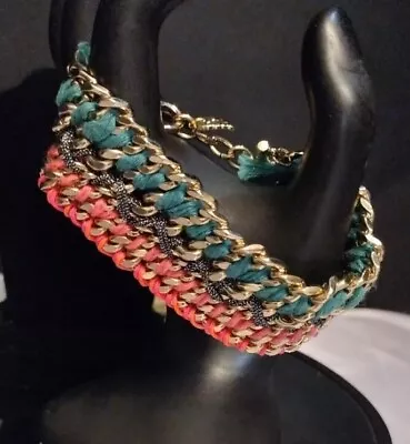 VICTORIA'S SECRET Pink/teal Ribbon Woven Goldchain Bracelet Signed Estate  (534) • $0.99