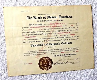 Vintage Certificate Medical Examiners Of Ca Surgery Nevada Doctor  F M Dick 1952 • $127.74
